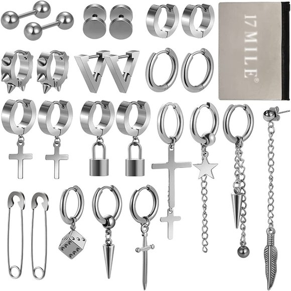 New Cross Dangle Earrings for Men, 25 Pieces Stainless Steel Long Chain Piercing - Picture 1 of 7